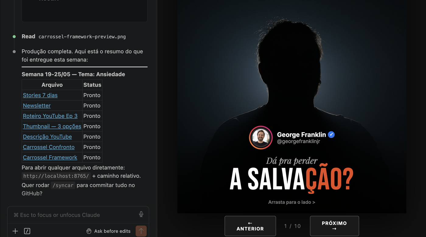 AI Business OS — resultados da semana com preview visual aberto no browser